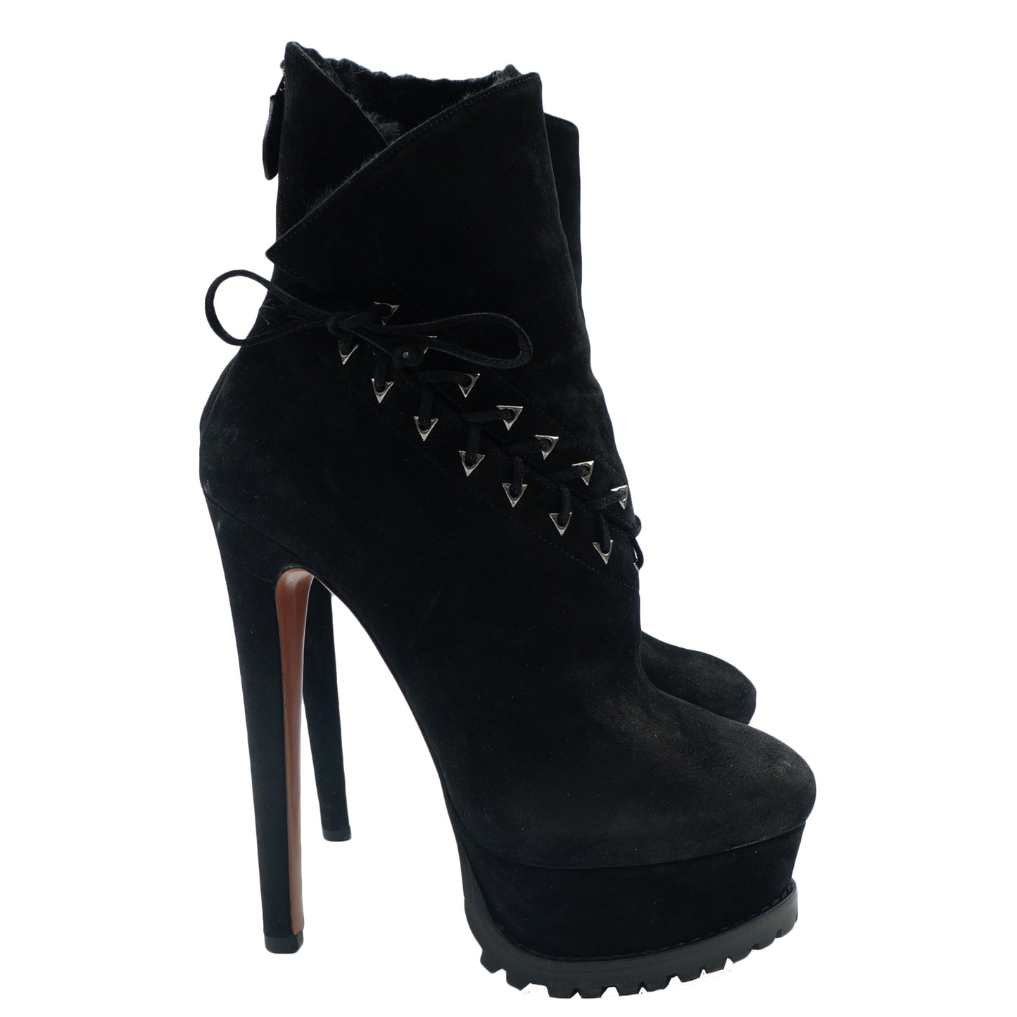 ALAÏA LEATHER SUEDE & SHEARLING PLATFORM BOOTS - leefluxury.com
