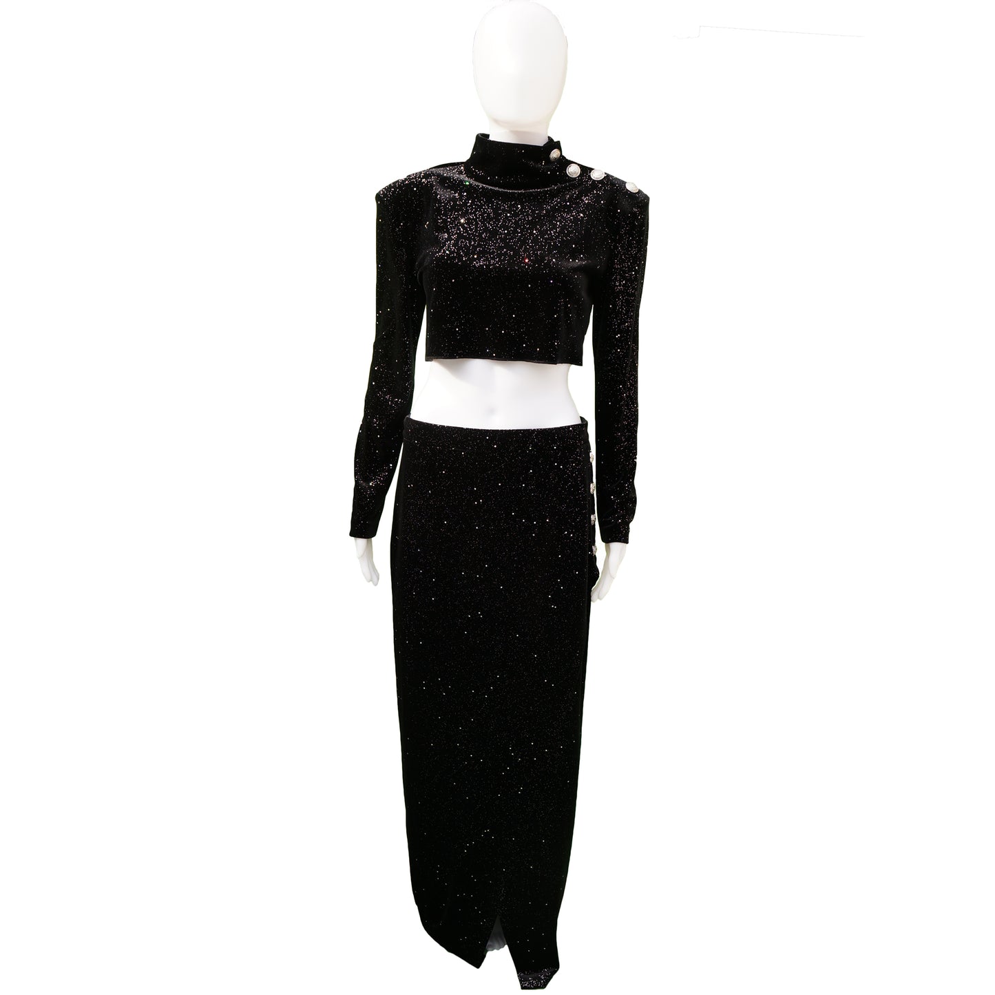 BALMAIN PRE FALL 2018 GLITTER VELVET CROP TOP MAXI SKIRT NEW WITH TAGS - leefluxury.com