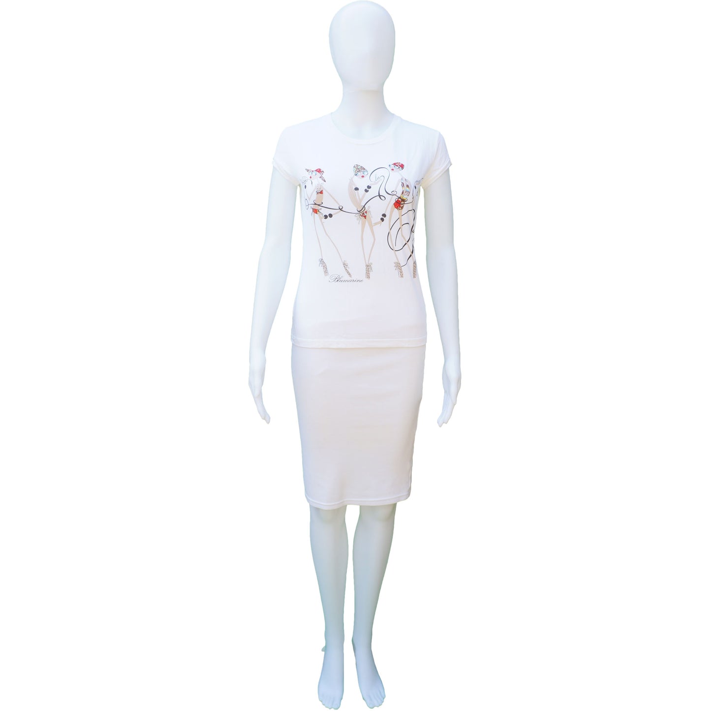 BLUMARINE WHITE TEE WITH CRYSTAL AND ILLUSTRATION - leefluxury.com