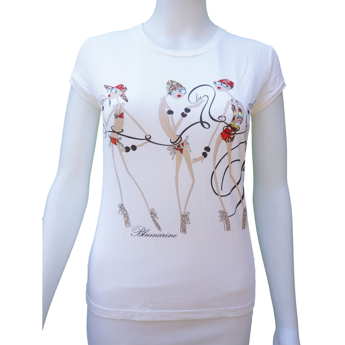 BLUMARINE WHITE TEE WITH CRYSTAL AND ILLUSTRATION - leefluxury.com