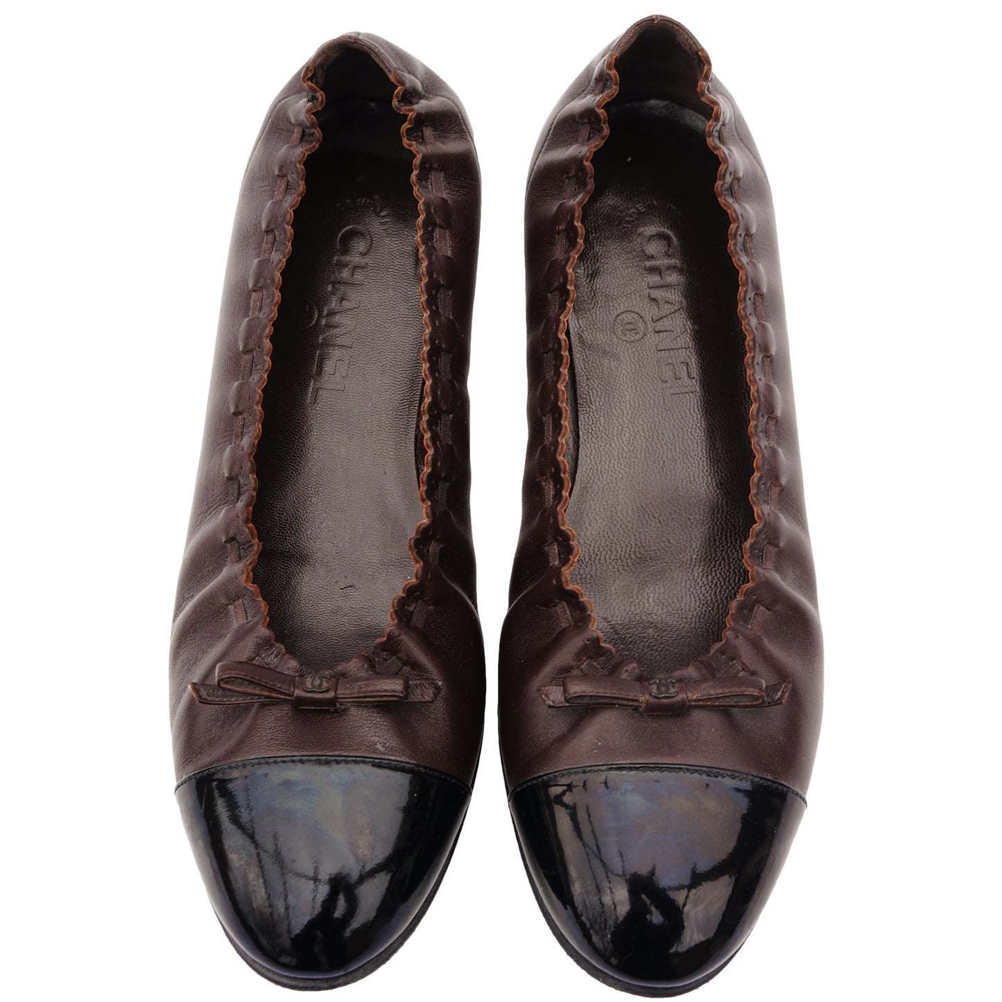 CHANEL LEATHER CAP TOE BALLET FLATS - leefluxury.com