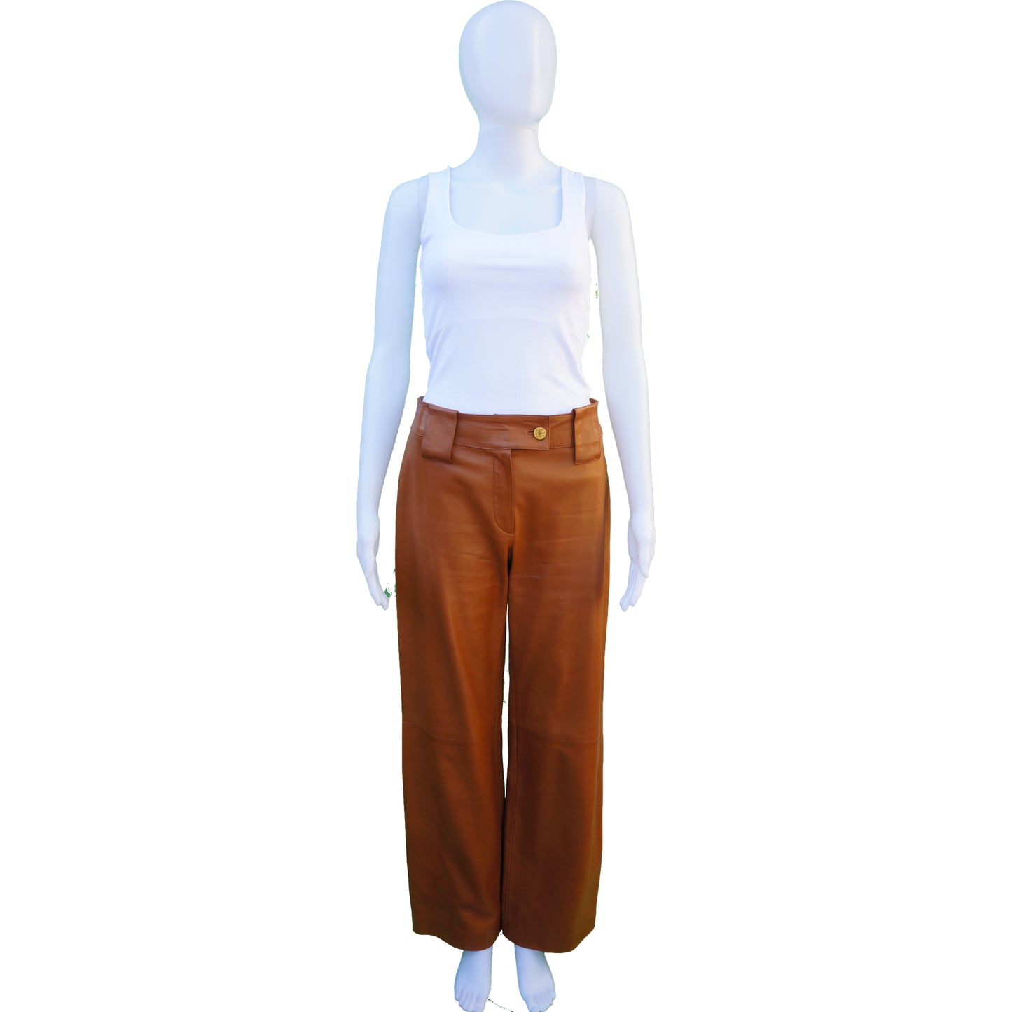 CHANEL MID-RISE CARAMEL LAMBSKIN LEATHER PANTS - leefluxury.com