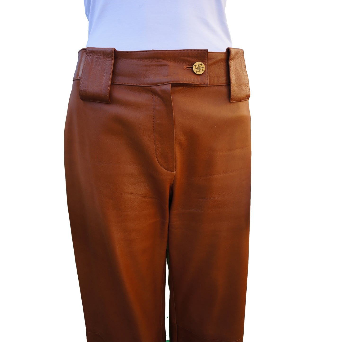 CHANEL MID-RISE CARAMEL LAMBSKIN LEATHER PANTS - leefluxury.com