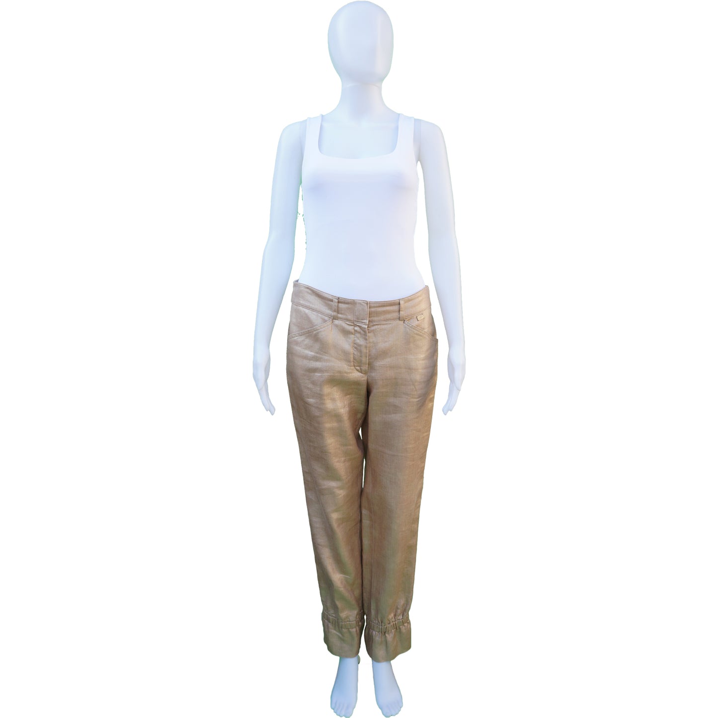 CHANEL GOLD LINEN CROPPED PANTS - leefluxury.com
