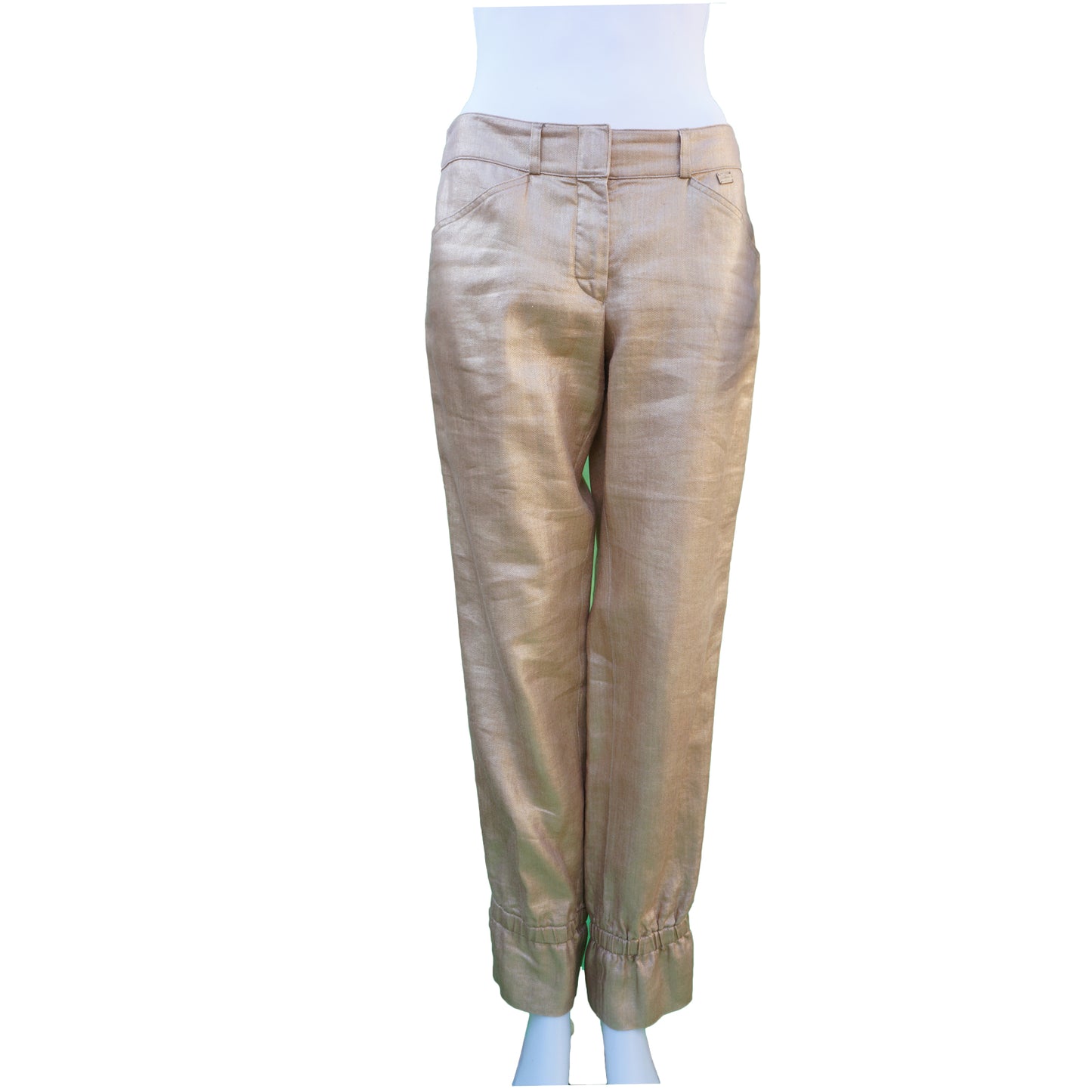 CHANEL GOLD LINEN CROPPED PANTS - leefluxury.com