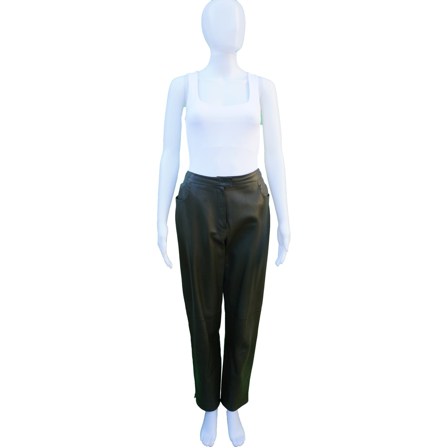 CHANEL HIGH-RISE GREEN LAMBSKIN LEATHER PANTS - leefluxury.com