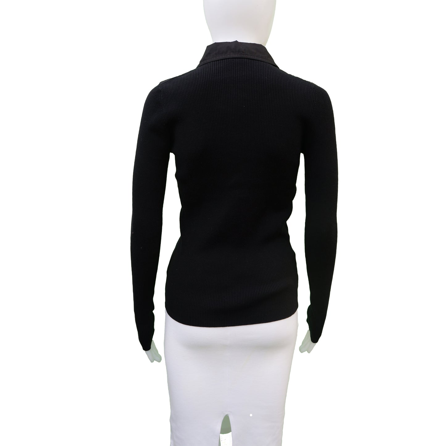 CHANEL BLACK RIB KNIT COLLARED BUTTON UP TOP - leefluxury.com