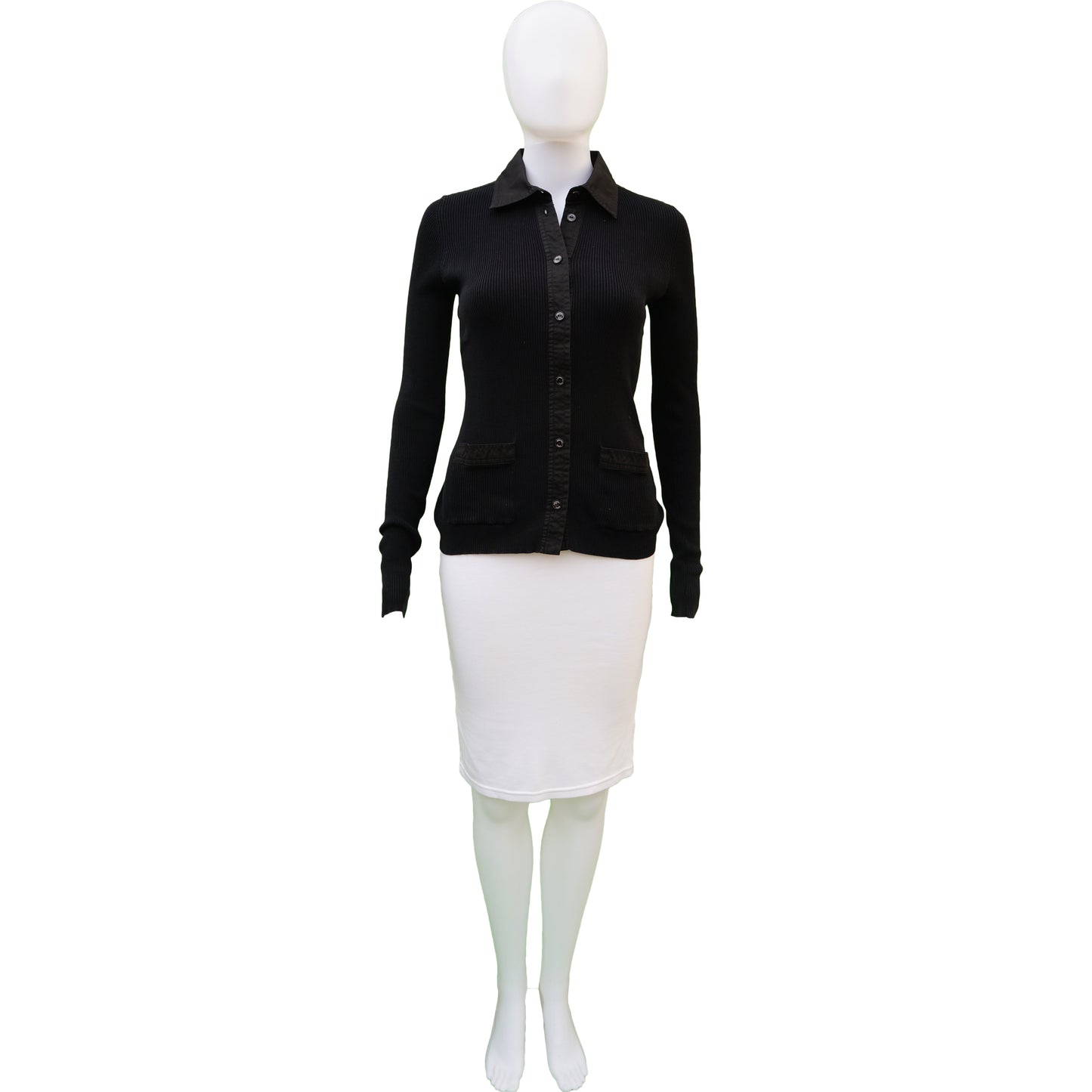 CHANEL BLACK RIB KNIT COLLARED BUTTON UP TOP - leefluxury.com