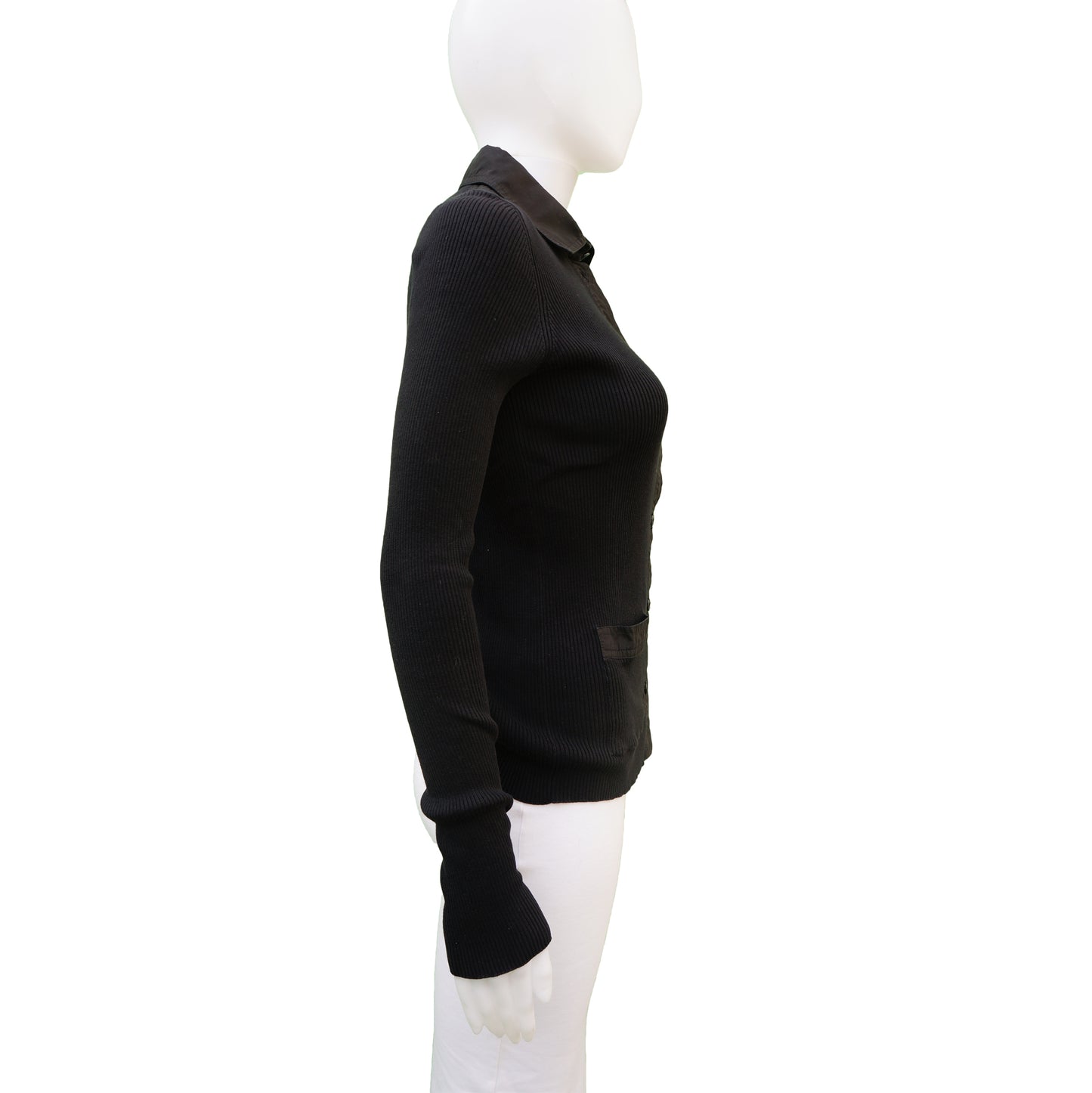 CHANEL BLACK RIB KNIT COLLARED BUTTON UP TOP - leefluxury.com