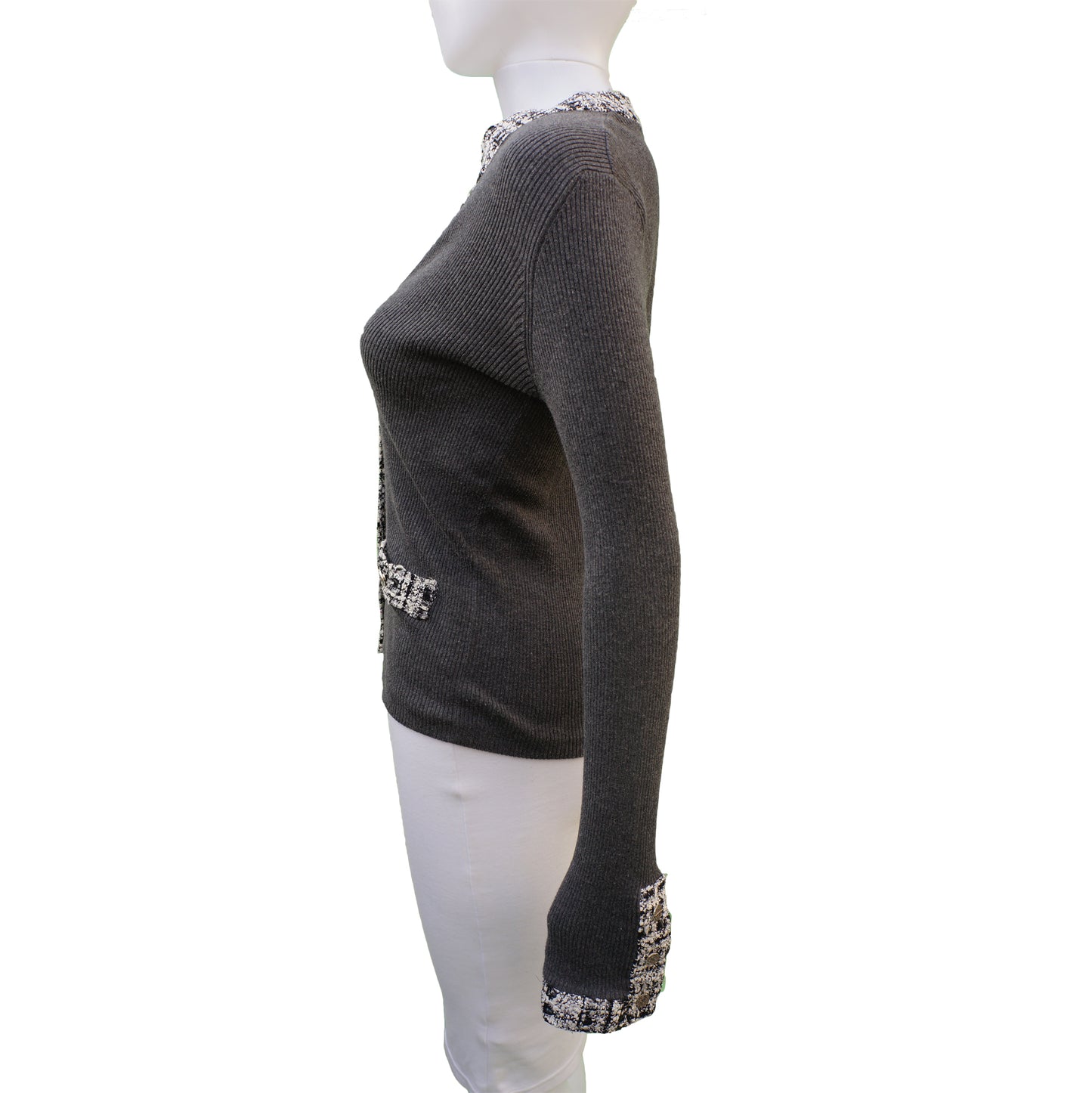 CHANEL TWEED TRIM GREY CARDIGAN - leefluxury.com