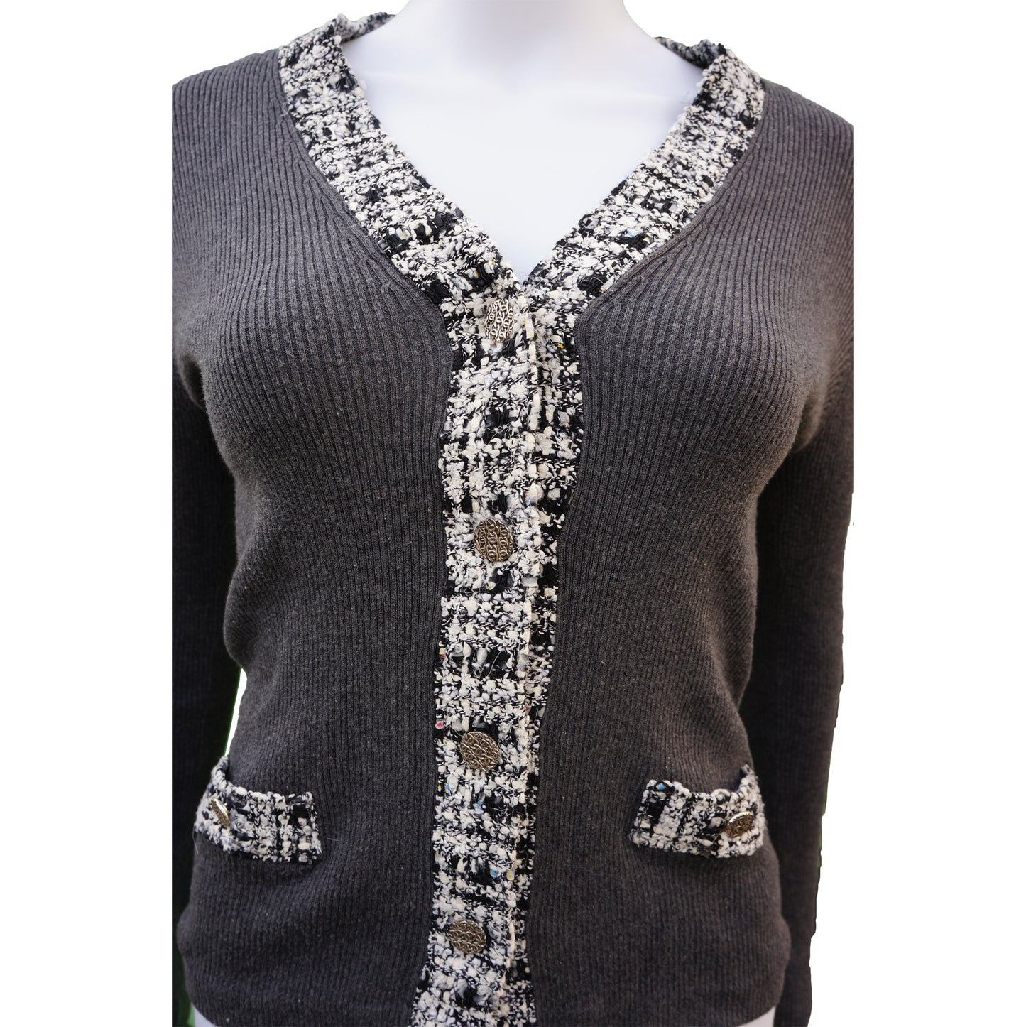 CHANEL TWEED TRIM GREY CARDIGAN - leefluxury.com