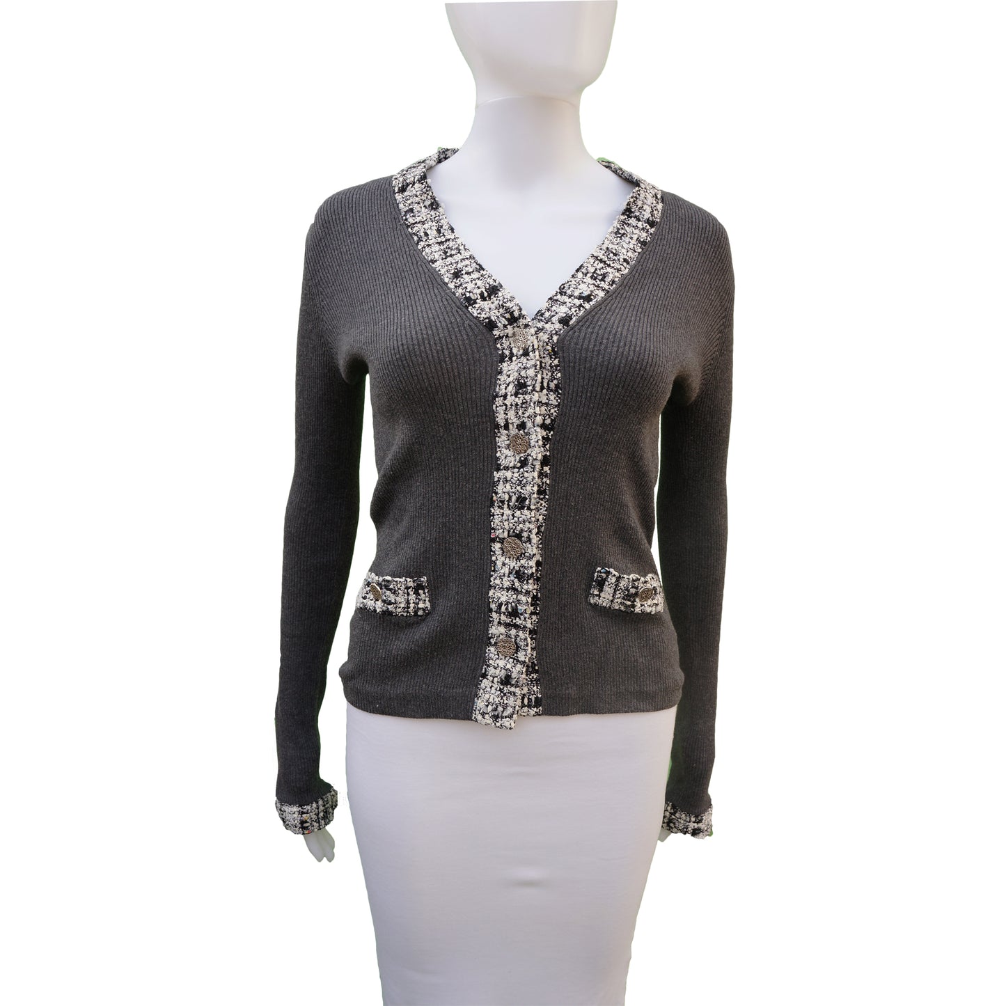 CHANEL TWEED TRIM GREY CARDIGAN - leefluxury.com