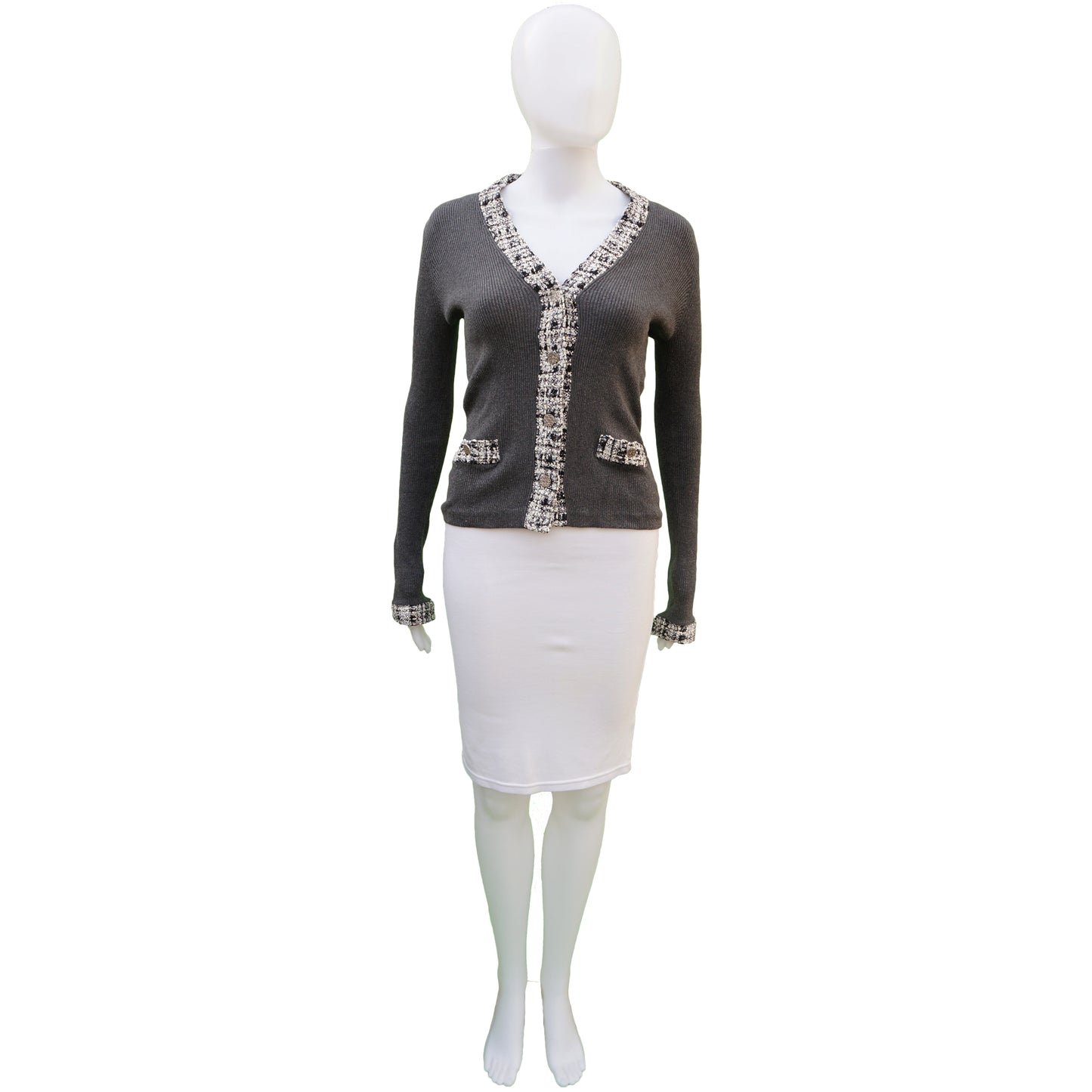 CHANEL TWEED TRIM GREY CARDIGAN - leefluxury.com