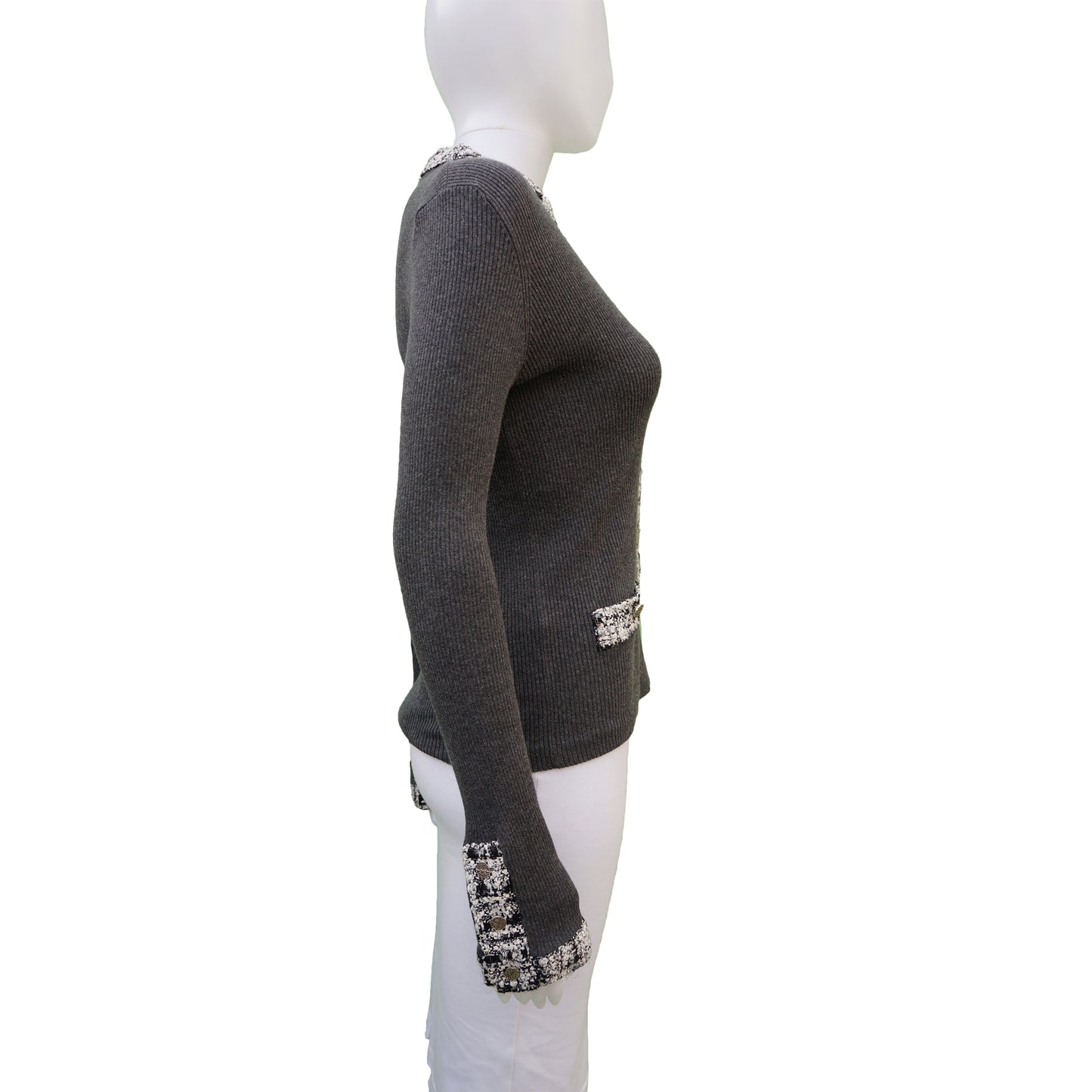 CHANEL TWEED TRIM GREY CARDIGAN - leefluxury.com