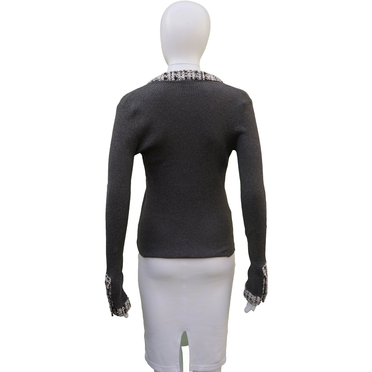 CHANEL TWEED TRIM GREY CARDIGAN - leefluxury.com