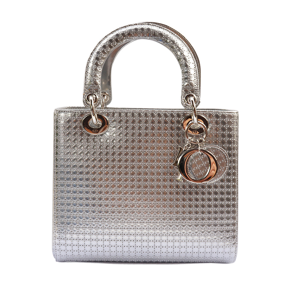 Christian Dior silver metallic micro Cannage medium Lady Dior