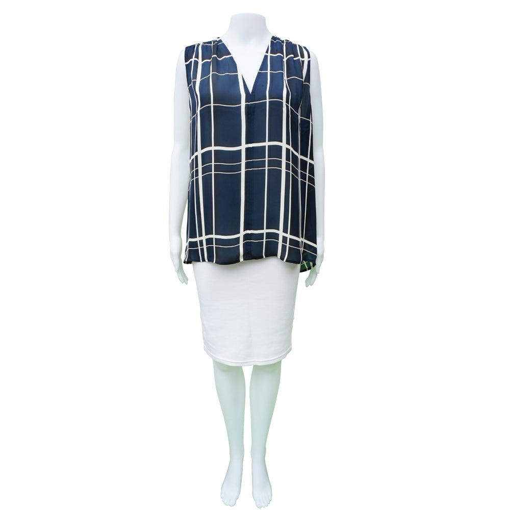 Vince silk blouse navy and cream plaid print; sleeveless; v-neck.