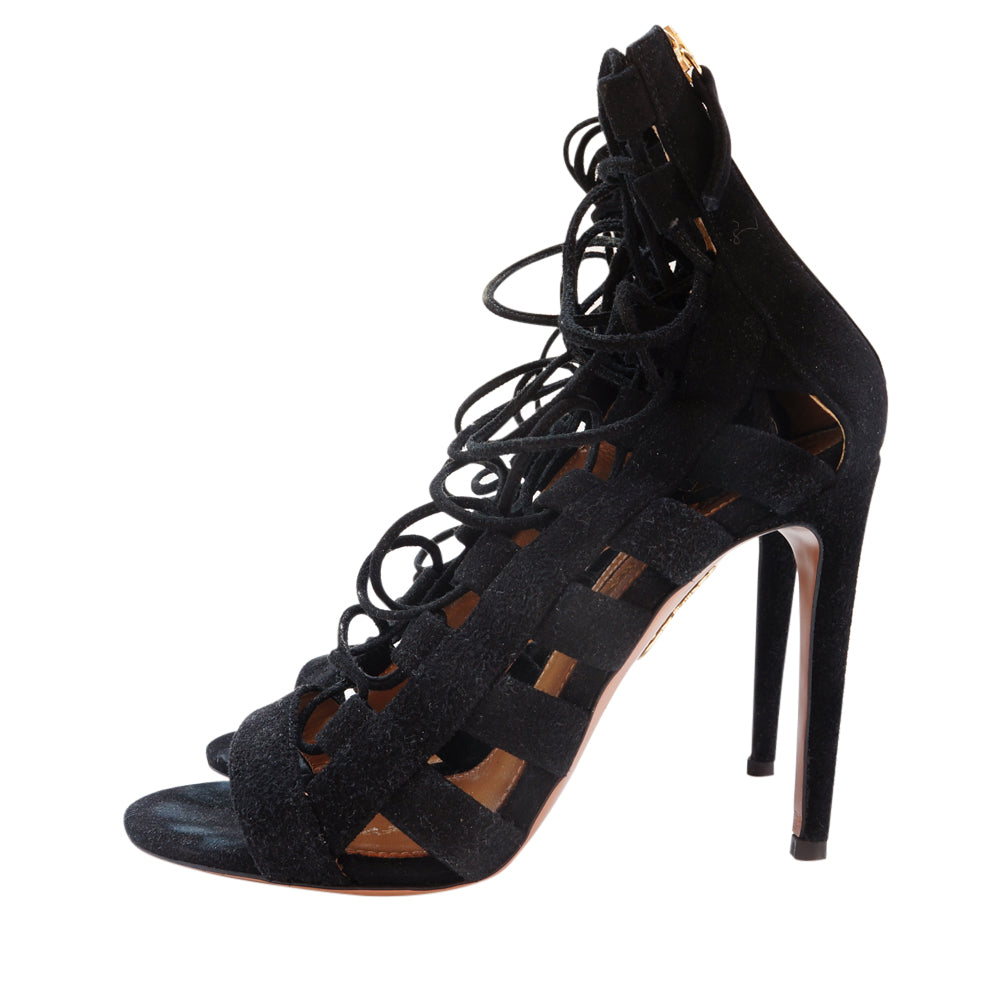 AQUAZZURA Black Suede Gladiator Sandals leefluxury