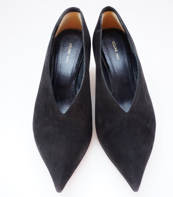 Celine suede pumps; black pointed-toes; kitten heels.