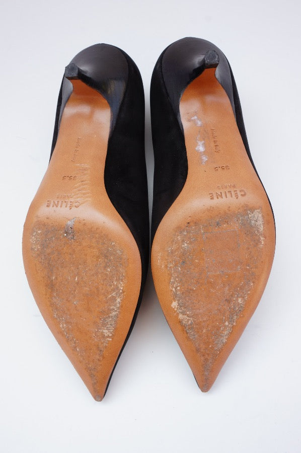 Celine Suede Pumps Black Pointed-Toes Kitten Heels