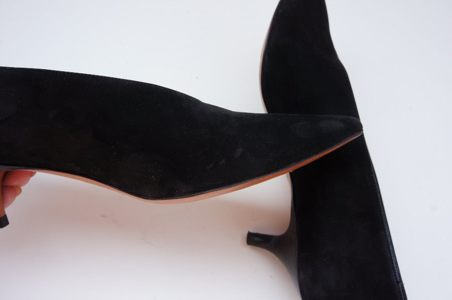 Celine Suede Pumps Black Pointed-Toes Kitten Heels