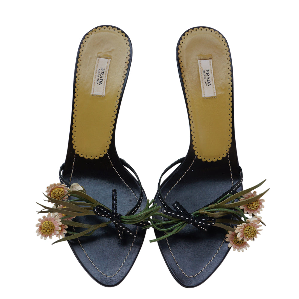PRADA Leather Floral Applique Slides