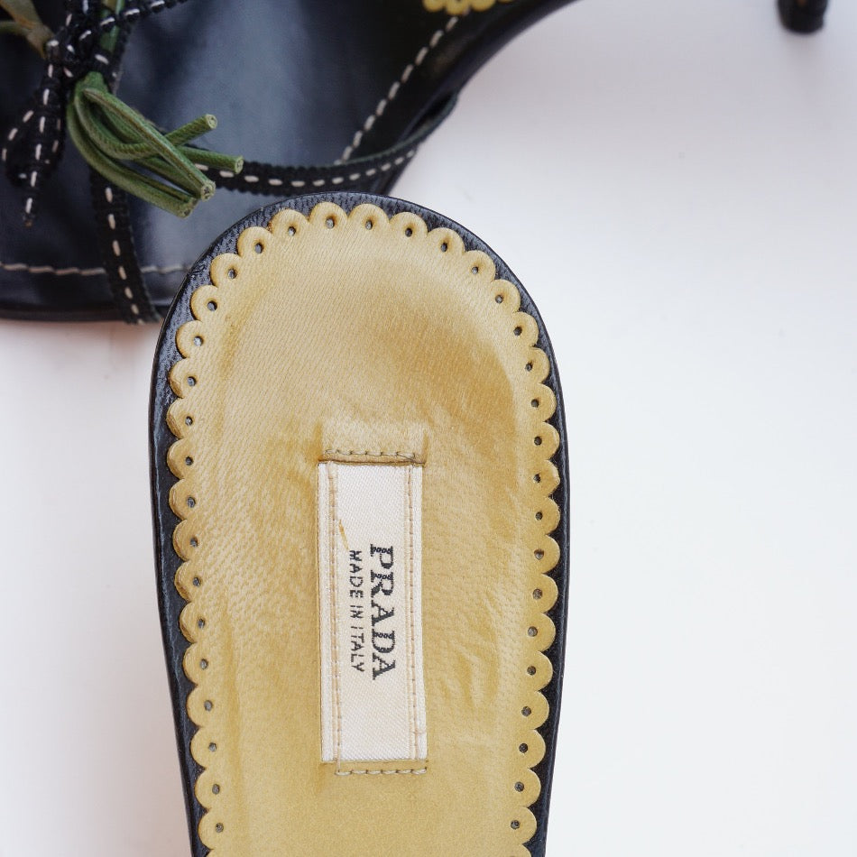 PRADA Leather Floral Applique Slides