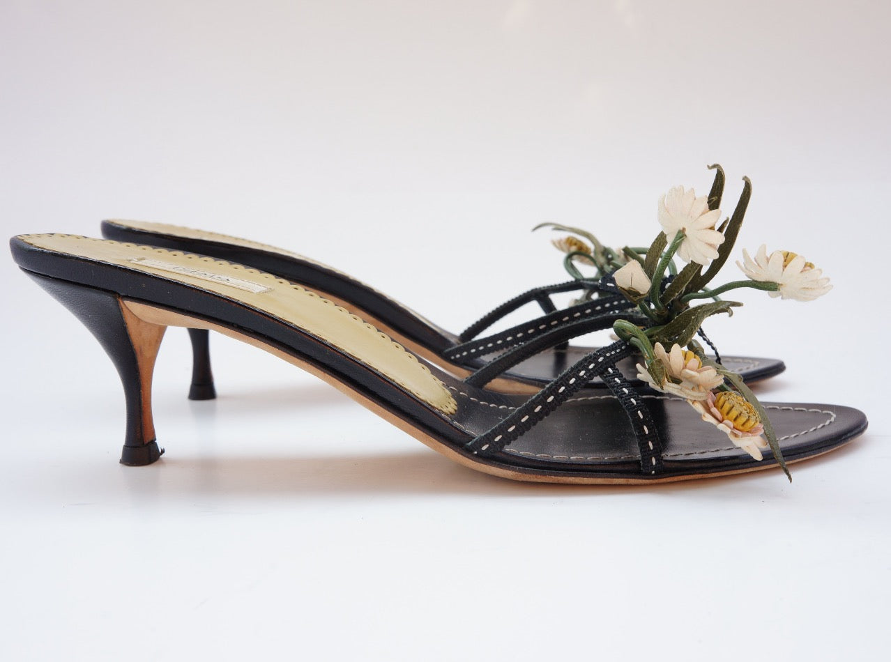 PRADA Leather Floral Applique Slides