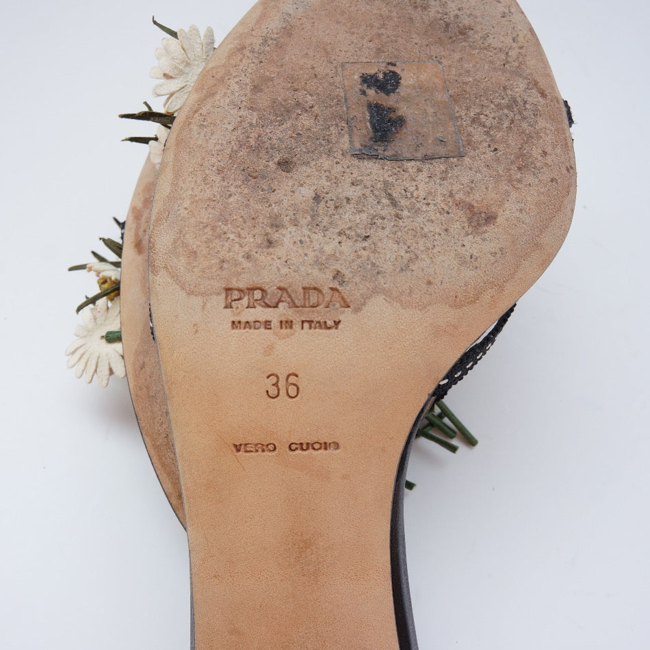 PRADA Leather Floral Applique Slides
