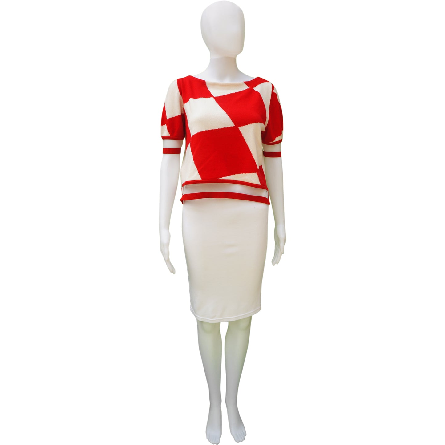 FENDI RED AND WHITE HARLEQUIN PRINT KNIT & MESH TOP - leefluxury.com