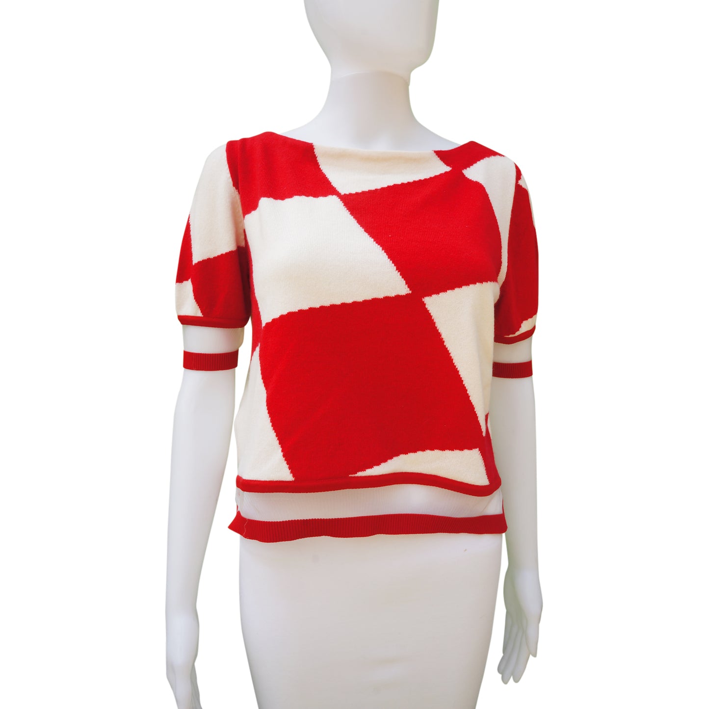 FENDI RED AND WHITE HARLEQUIN PRINT KNIT & MESH TOP - leefluxury.com