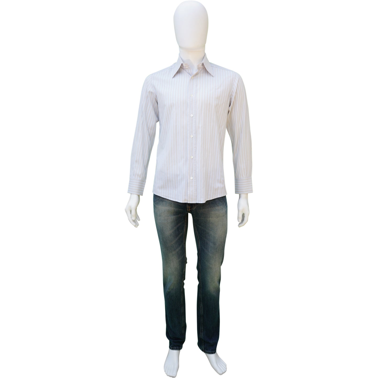 DOLCE & GABBANA GRAY BROWN PINSTRIPE WOVEN BUTTON-UP SHIRT - leefluxury.com