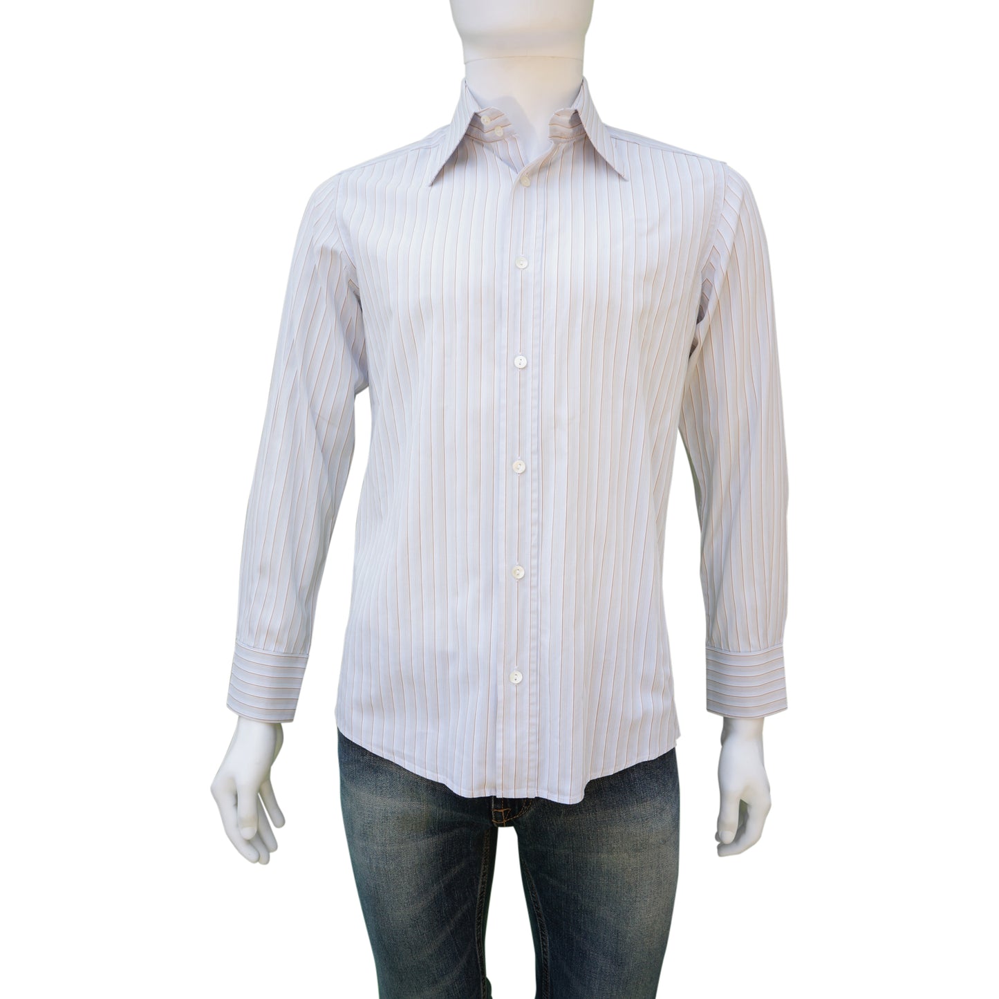 DOLCE & GABBANA GRAY BROWN PINSTRIPE WOVEN BUTTON-UP SHIRT - leefluxury.com
