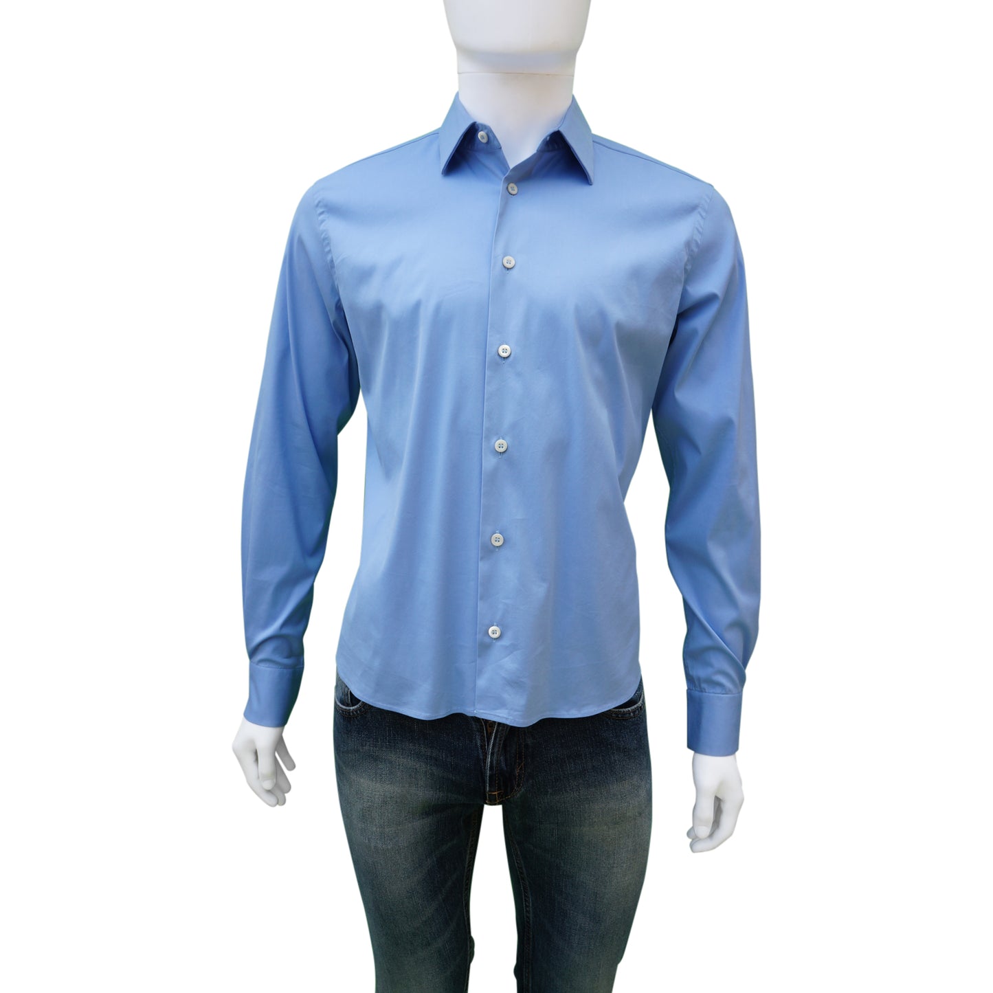 PRADA BLUE WOVEN BUTTON-UP SHIRT - leefluxury.com