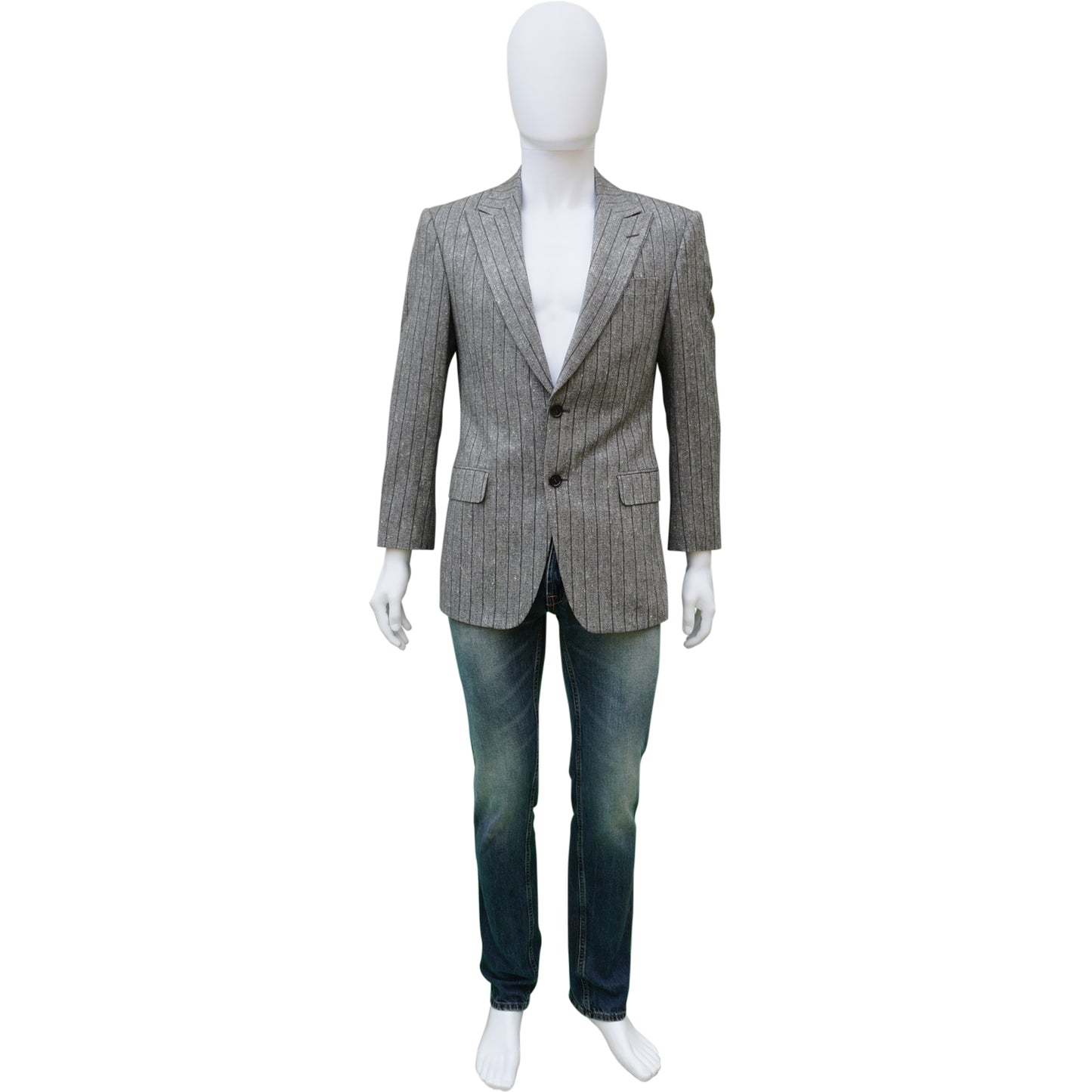 GUCCI GRAY PINSTRIPE TWEED WOOL BLAZER - leefluxury.com
