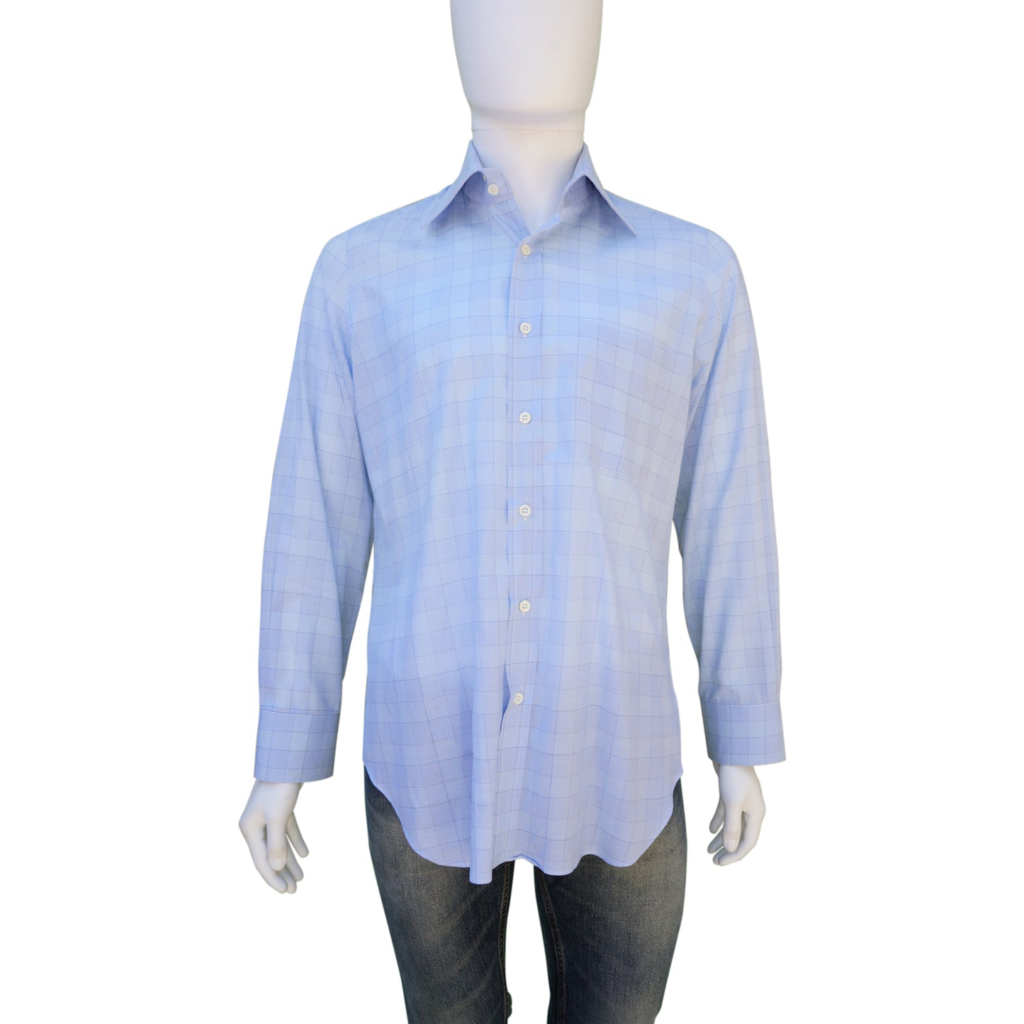 ANDREA FINAMORE BLUE CHECK COTTON BUTTON-UP SHIRT - leefluxury.com