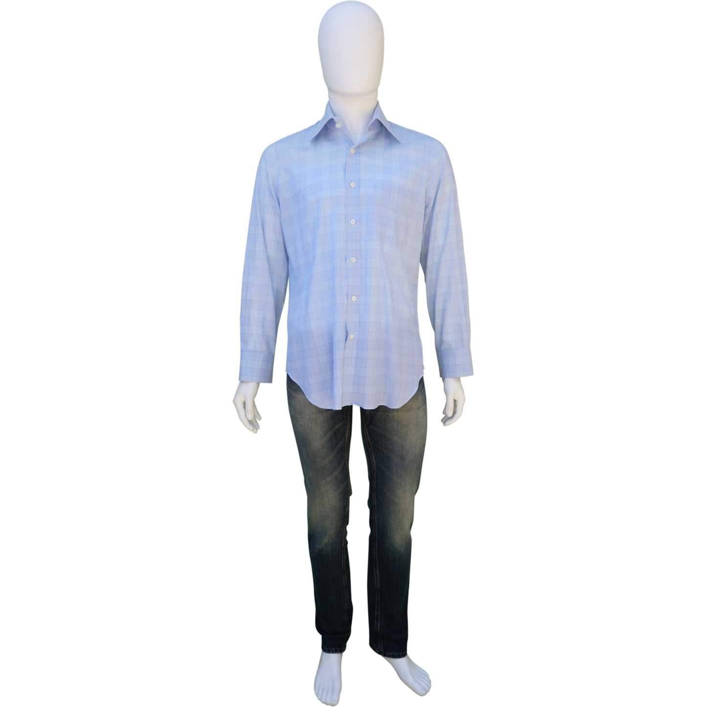 ANDREA FINAMORE BLUE CHECK COTTON BUTTON-UP SHIRT - leefluxury.com