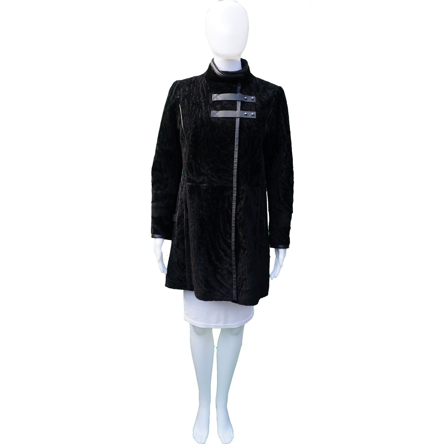DESA BLACK SHEARLING LEATHER TRIM COAT - leefluxury.com