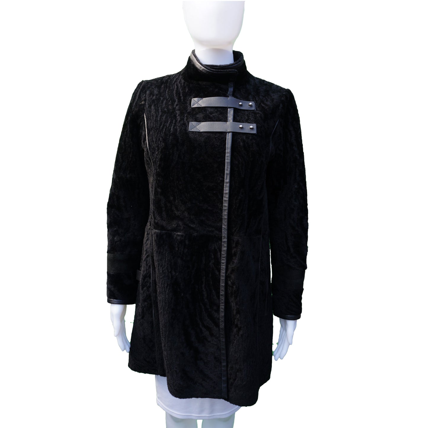 DESA BLACK SHEARLING LEATHER TRIM COAT - leefluxury.com