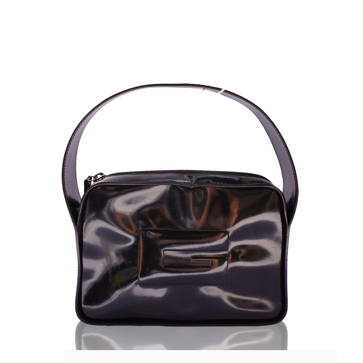 GUCCI G BLACK PATENT HANDLE BAG - leefluxury.com