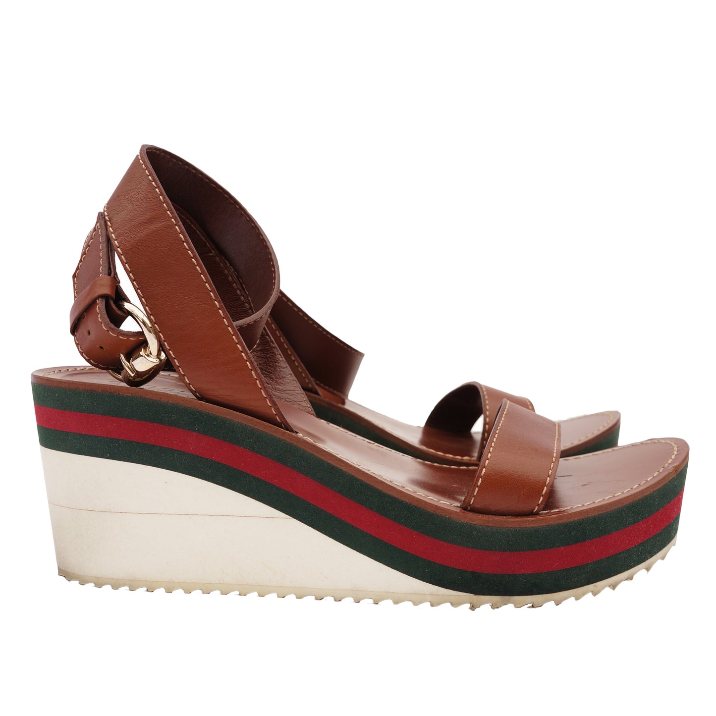 GUCCI WEB LEATHER WEDGE SANDAL - leefluxury.com
