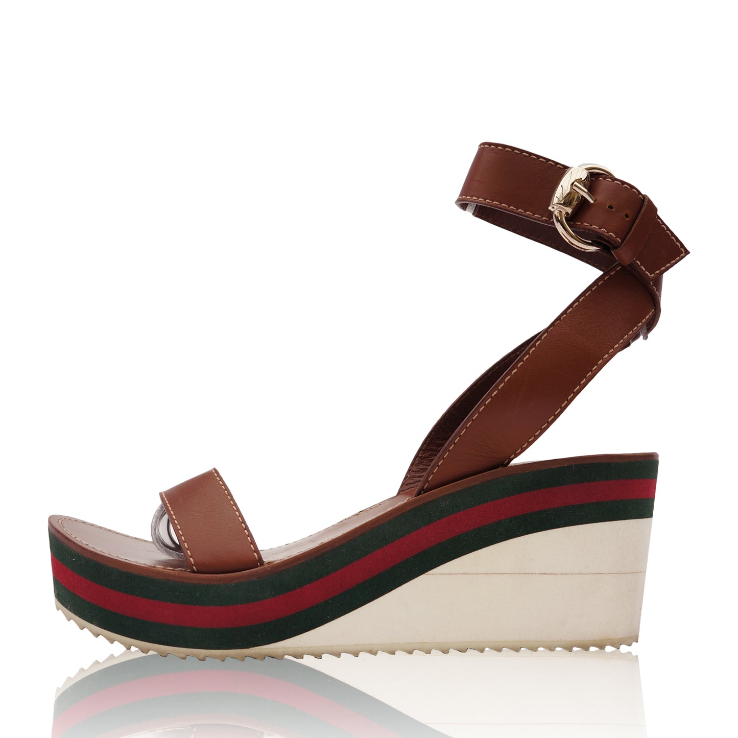GUCCI WEB LEATHER WEDGE SANDAL - leefluxury.com