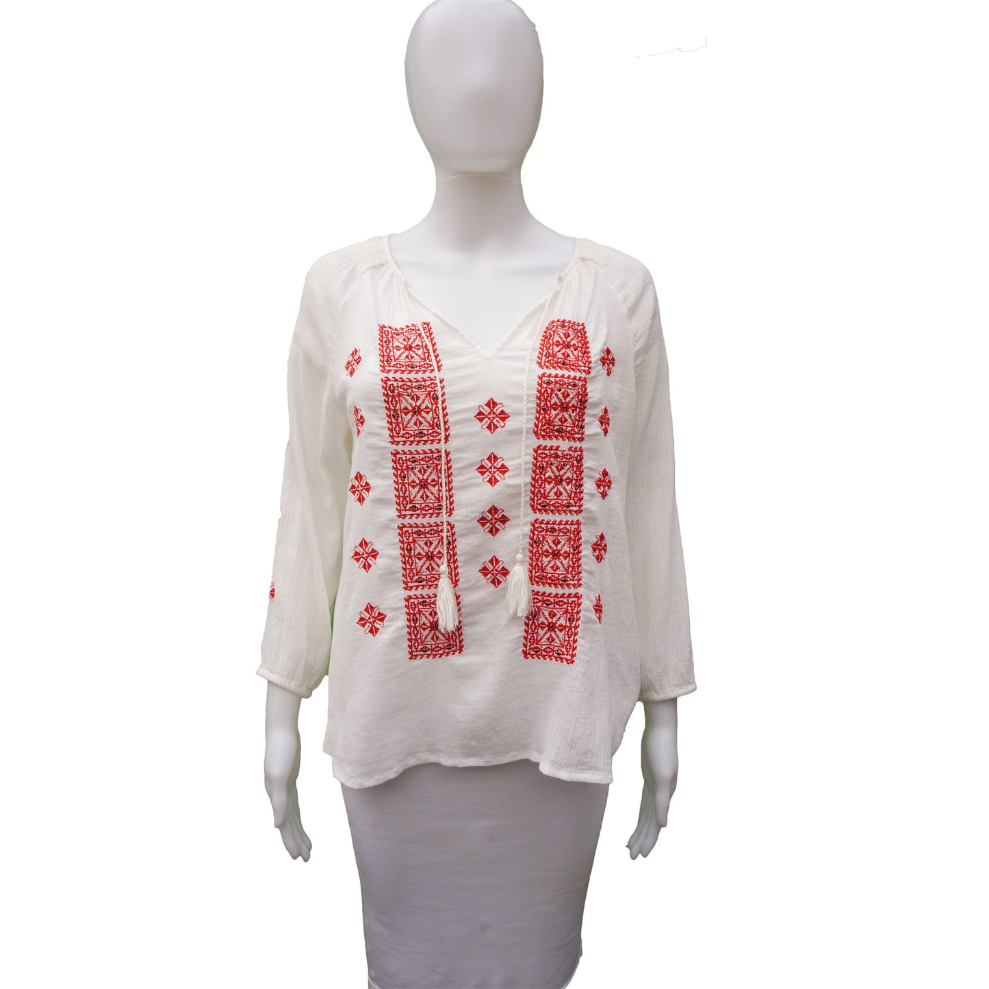 JOIE WHITE RED EMBROIDERED BEAD EMBELLISHMENT TOP - leefluxury.com