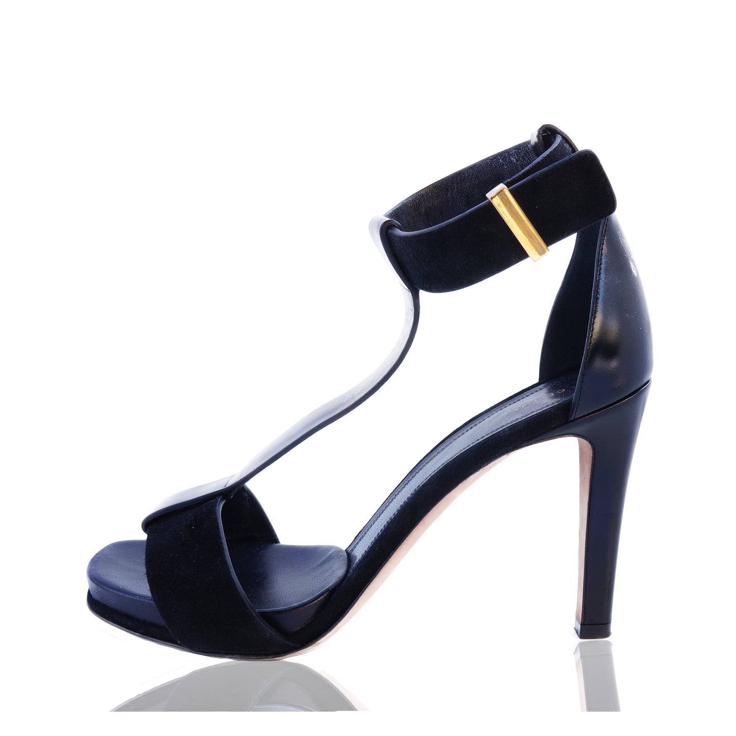 CÉLINE PHOEBE PHILO T-STRAP BLACK LEATHER & SUEDE SANDALS - leefluxury.com