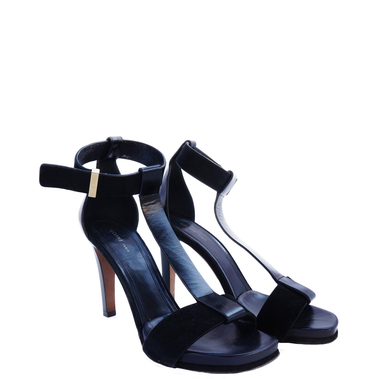 CÉLINE PHOEBE PHILO T-STRAP BLACK LEATHER & SUEDE SANDALS - leefluxury.com