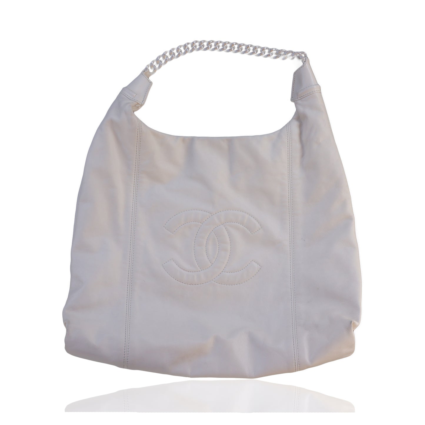 CHANEL SOFT & CHAIN LAMBSKIN LEATHER IVORY HOBO BAG - leefluxury.com