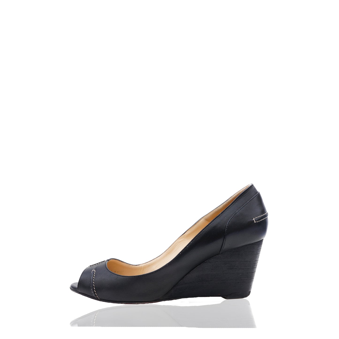 CHRISTIAN LOUBOUTIN BLACK PEEP-TOE WEDGE - leefluxury.com