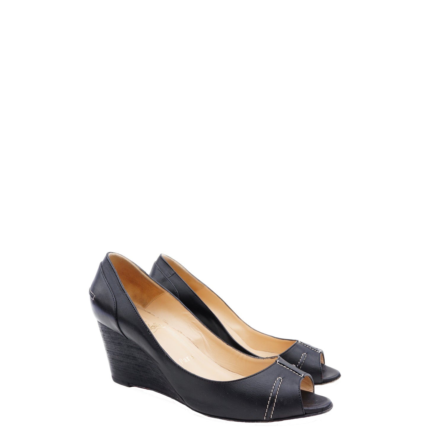 CHRISTIAN LOUBOUTIN BLACK PEEP-TOE WEDGE - leefluxury.com