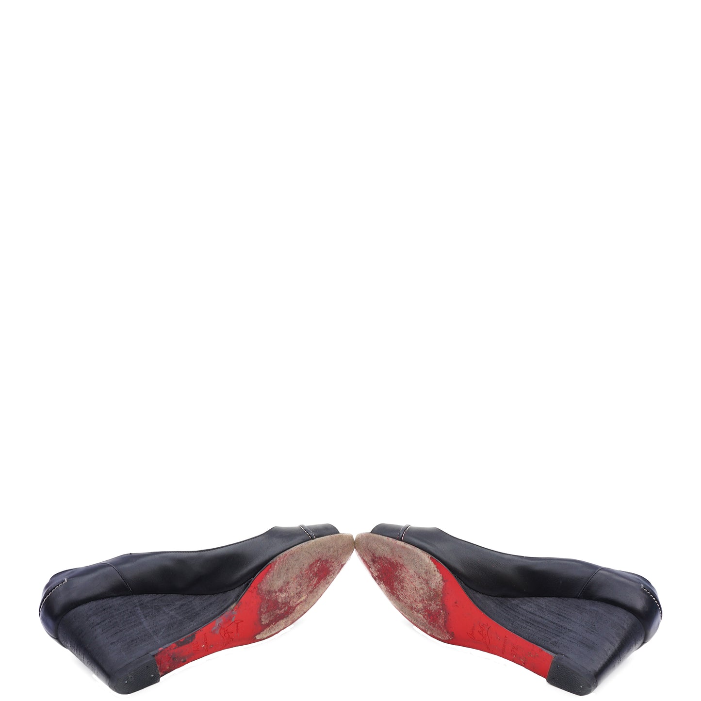 CHRISTIAN LOUBOUTIN BLACK PEEP-TOE WEDGE - leefluxury.com