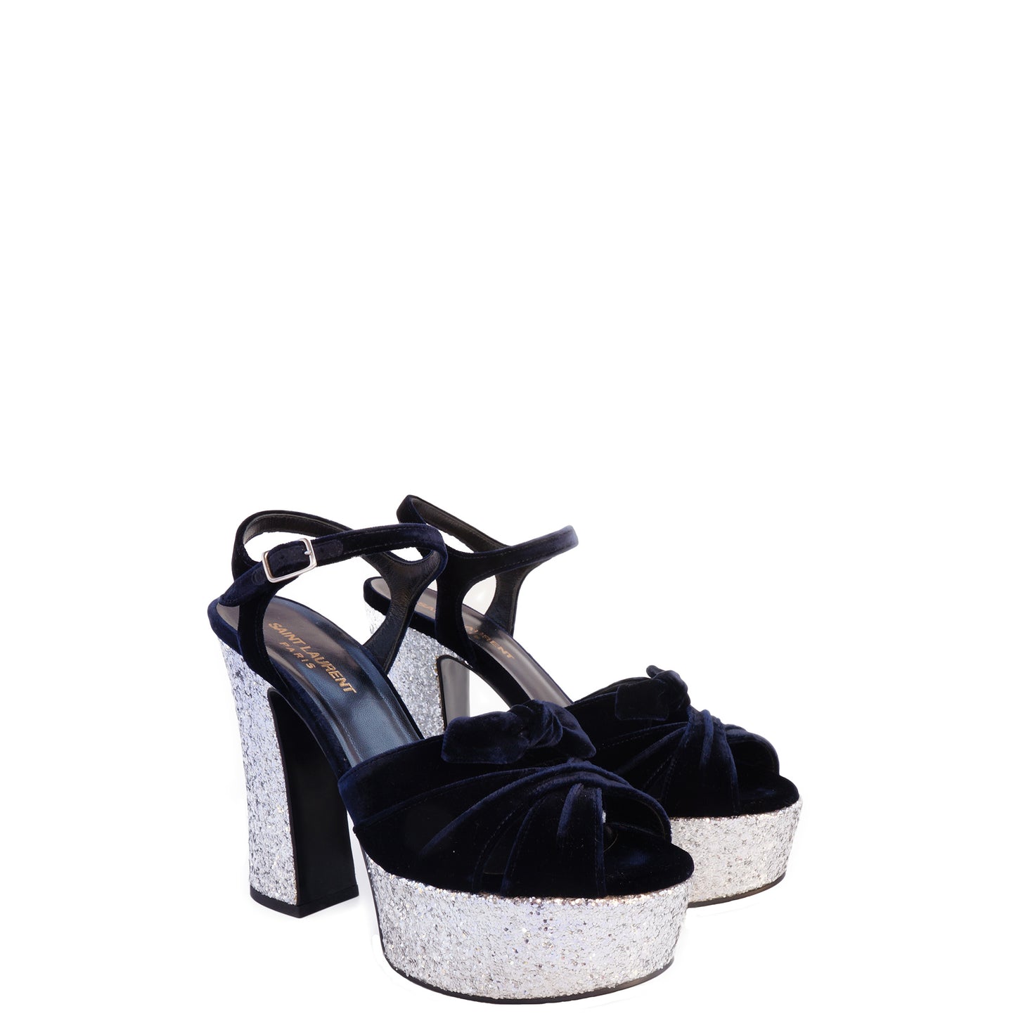 SAINT LAURENT CANDY VELVET AND GLITTER PLATFORM SANDALS - leefluxury.com